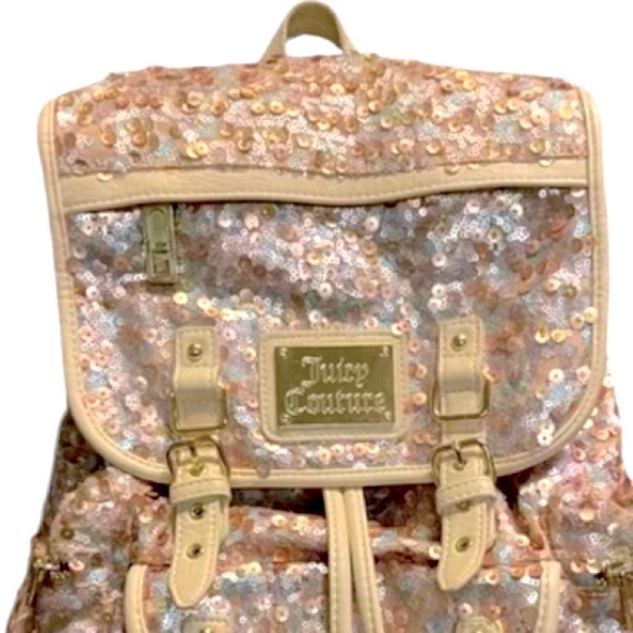 Juicy Couture Y2K Gold Sequence Bling Leather Straps Backpack - Picture 2 of 9